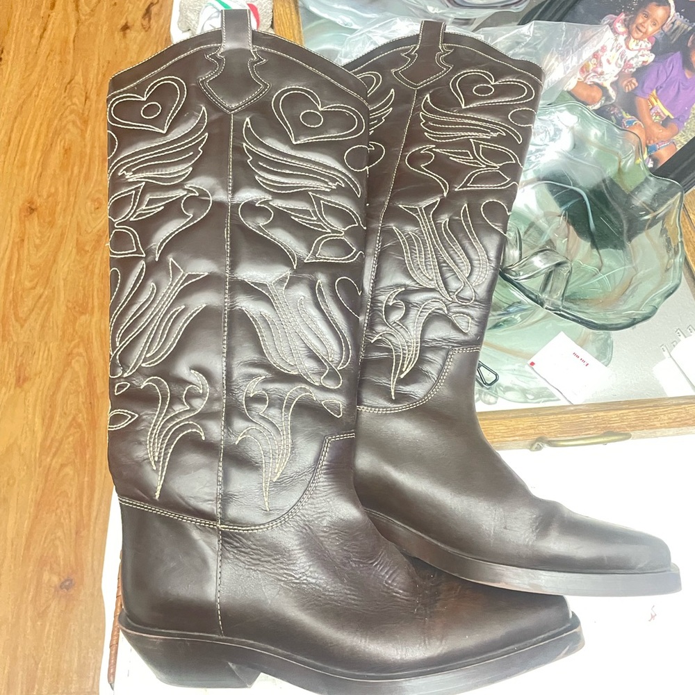 H&M embroidered block heel western Knee high Boots Sz 8
